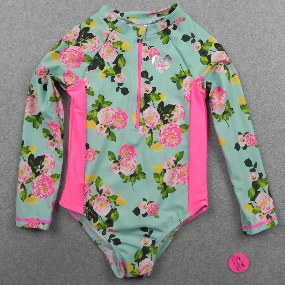 Betsey Johnson Rash Guard Swimsuit Girls 6 Floral Long Sleeve UPF 50 Mint Pink